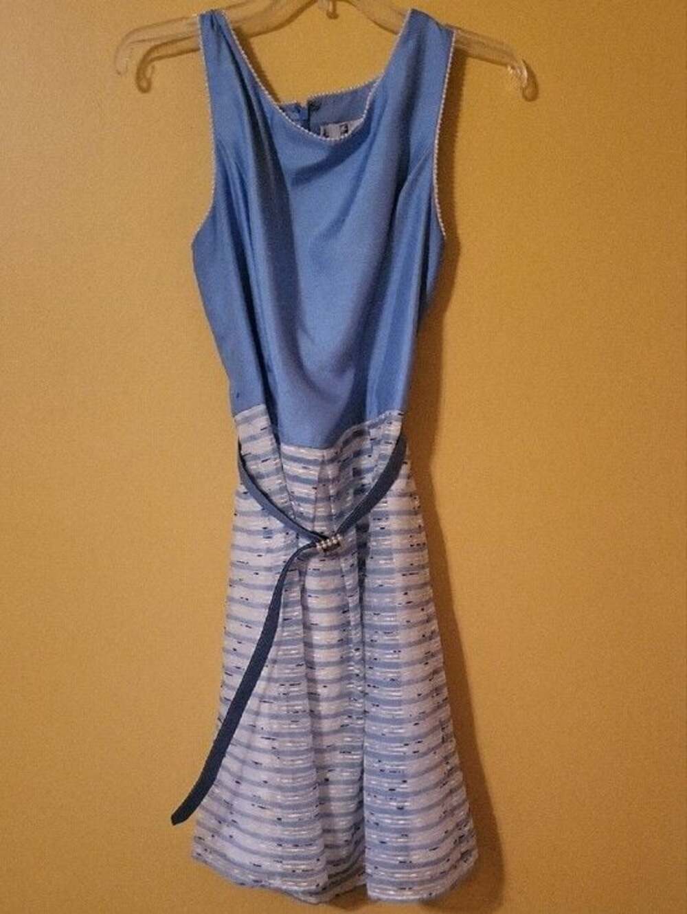 Leslie Fay Light Blue Sleeveless Midi Dress with Striped Skirt - Picture 3 of 6